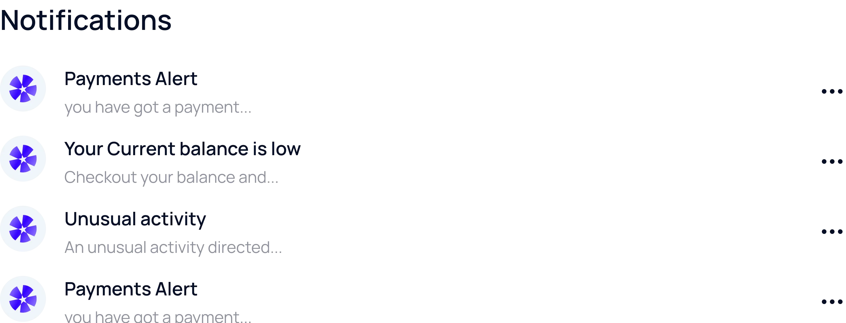 Notifications list showing four alerts: two payments alerts about received payments, one warning about low current balance, and one unusual activity alert.